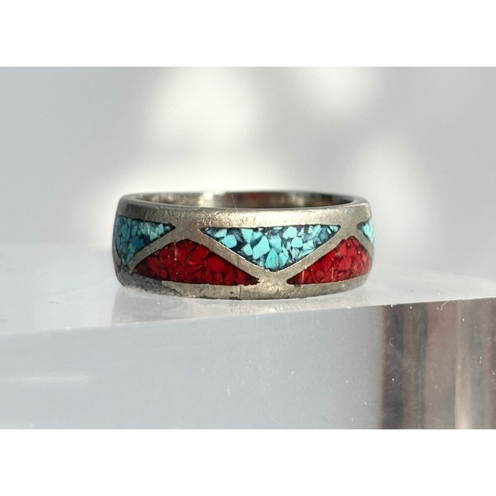 Vintage Turquoise & Red Stone Inlaid Geometric Navajo Style Band Ring - sz 9.25 - Picture 3 of 7